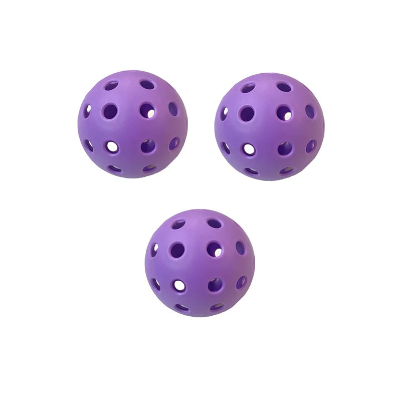 Lot de 3 balles de pickleball indoor de couleur violette, structure à 26 trous pour un rebond régulier et un meilleur contrôle en gymnase.