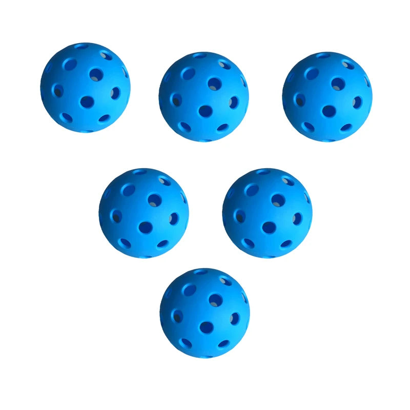 Lot de 6 balles de pickleball outdoor bleu, diamètre 74 mm avec 40 trous, conçues pour une trajectoire stable et une excellente visibilité sur les terrains extérieurs.
