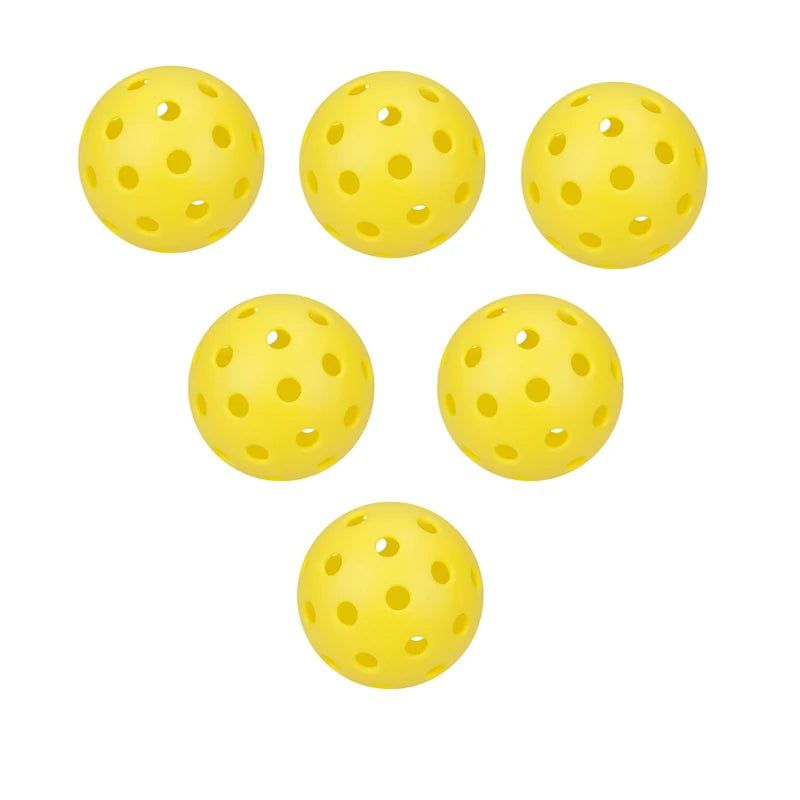 Lot de 6 balles de pickleball outdoor jaune, diamètre 74 mm avec 40 trous, offrant une visibilité optimale et un rebond constant pour le jeu en extérieur.