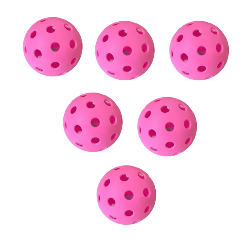Lot de 6 balles de pickleball outdoor roses à 40 trous, diamètre 74 mm, conçues pour une haute visibilité et une trajectoire stable sur terrains extérieurs.