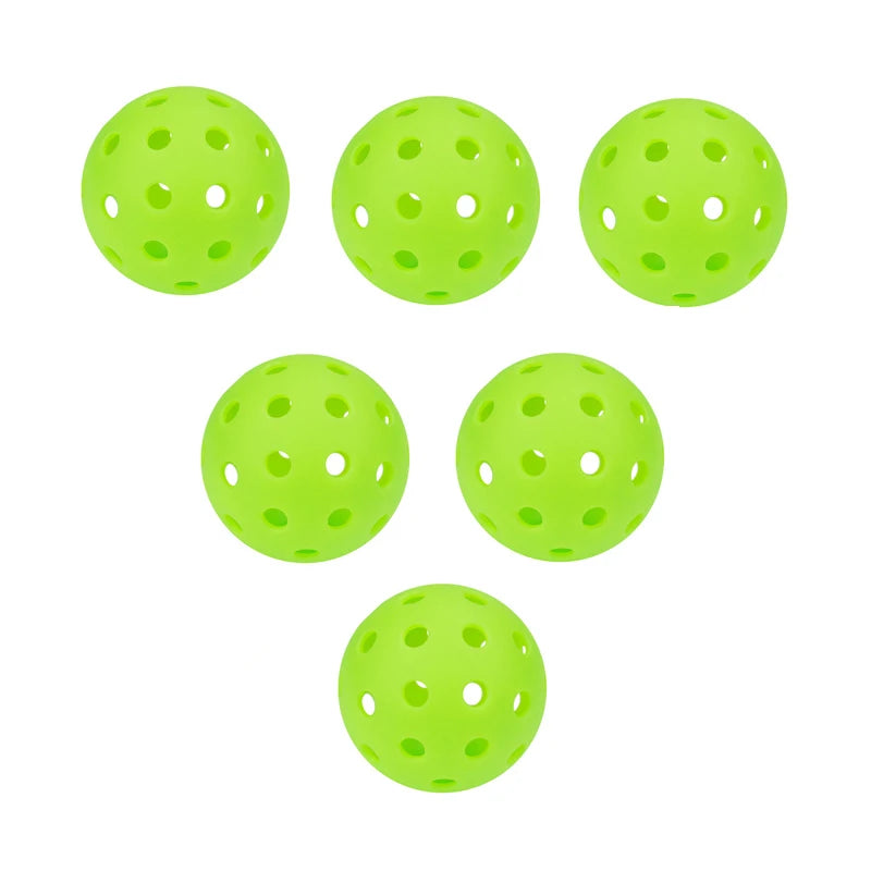 Lot de 6 balles de pickleball outdoor vert haute visibilité, diamètre 74 mm avec 40 trous pour une stabilité aérodynamique en extérieur.