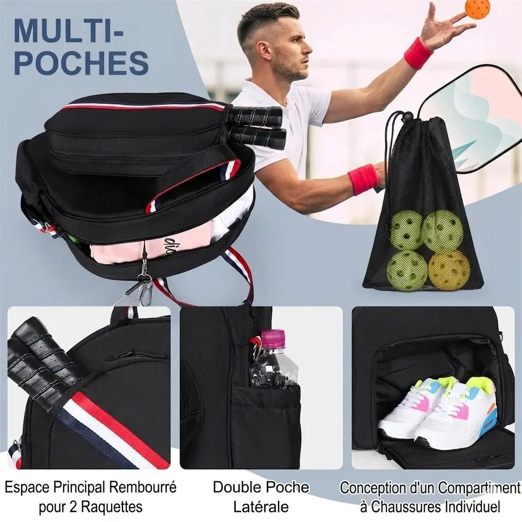 Infographie du sac de pickleball multi-poches : compartiment à chaussures individuel, double poche latérale pour gourde, espace rembourré pour 2 raquettes et sac à balles inclus.