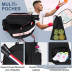 Infographie du sac de pickleball multi-poches : compartiment à chaussures individuel, double poche latérale pour gourde, espace rembourré pour 2 raquettes et sac à balles inclus.