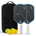 Pack de pickleball incluant deux raquettes en fibre de carbone T700, un sac de transport noir et deux balles de jeu jaunes et deux balles vertes.
