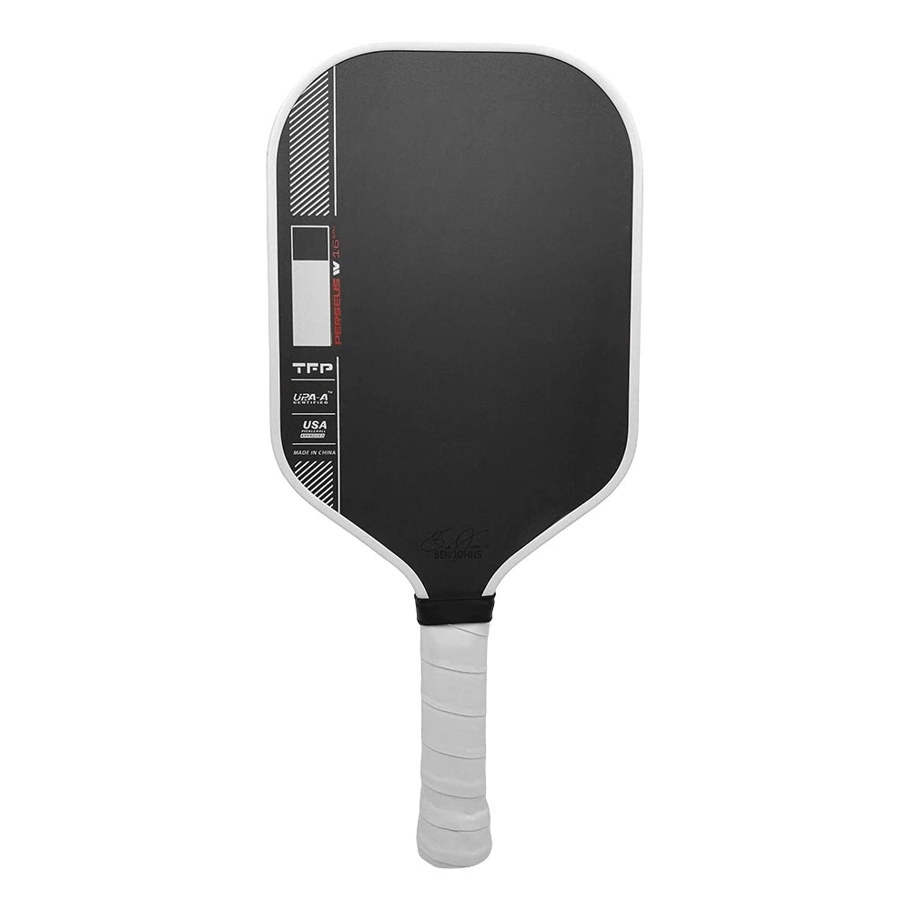 Raquette de pickleball Ben Johns Perseus 16mm en fibre de carbone noire avec bordure blanche, certifiée USA Pickleball et UPA-A.