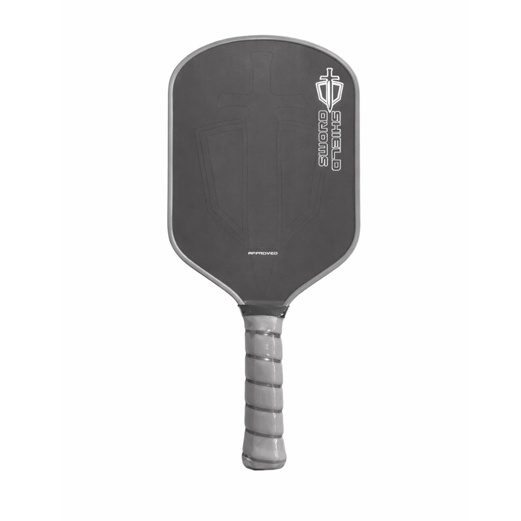Raquette de pickleball professionnelle Sword Shield en carbone Toray T700 noir, épaisseur 16 mm et manche blanc, conçue pour le spin et la stabilité.