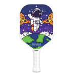 * Raquette de pickleball Joysent Kids pour enfant avec illustration d'astronaute dans l'espace et manche blanc.