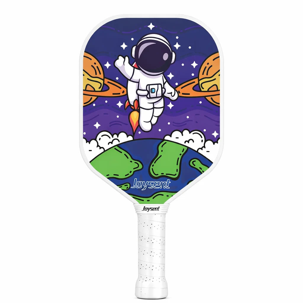 * Raquette de pickleball Joysent Kids pour enfant avec illustration d'astronaute dans l'espace et manche blanc.