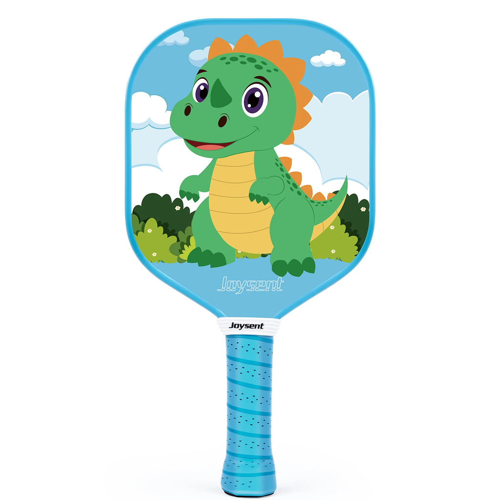 *  Raquette de pickleball Joysent Kids pour enfant avec illustration de dinosaure vert sur fond bleu et manche bleu.