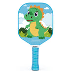 *  Raquette de pickleball Joysent Kids pour enfant avec illustration de dinosaure vert sur fond bleu et manche bleu.