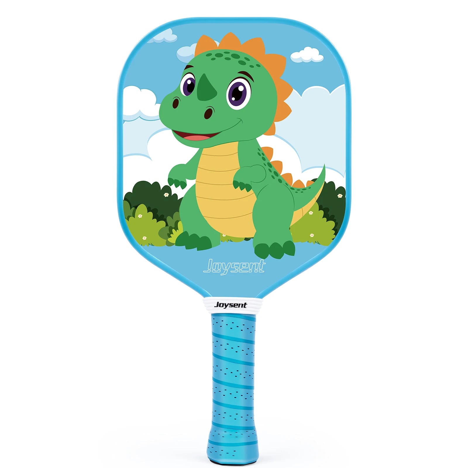 *  Raquette de pickleball Joysent Kids pour enfant avec illustration de dinosaure vert sur fond bleu et manche bleu.
