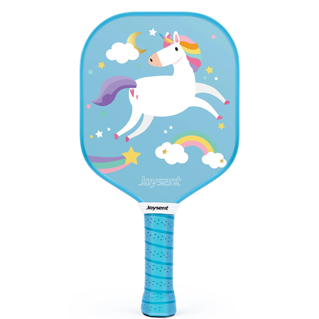 Raquette de pickleball Joysent Kids pour enfant avec illustration de poney blanc ailé sur fond bleu et manche bleu.