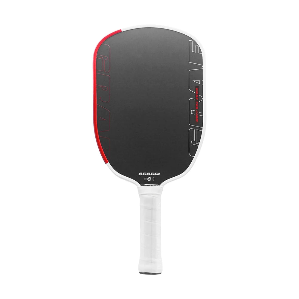 Raquette de pickleball GRAF Pro Agassi noire avec marquage blanc et rouge, épaisseur 14mm et grip blanc texturé.
