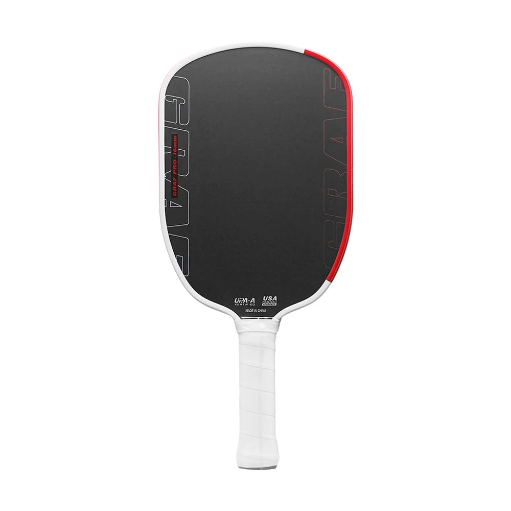 Raquette de pickleball GRAF Pro 16mm en carbone T700 noir avec bordure blanche et rouge, certifiée USA Pickleball et UPA-A.