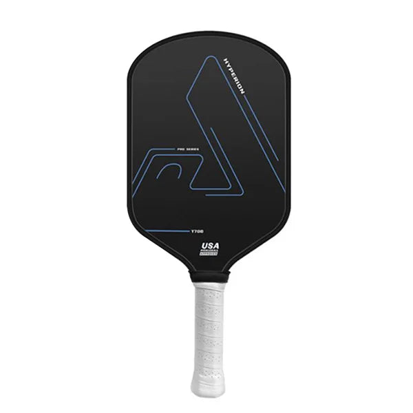 Vue de face de la raquette de pickleball Hyperion Pro Series T700 noire avec grip blanc certifiée USA Pickleball.
