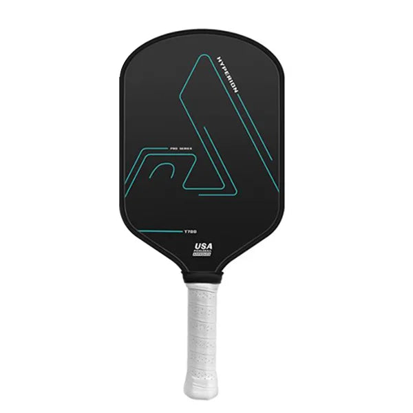 Raquette de pickleball Hyperion Pro Series T700 noire avec motifs bleus et grip blanc homologuée USA Pickleball.