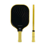 Vue de face et de profil de la raquette Joysent en fibre de carbone T300 noir avec bordure et grip jaune vif, épaisseur de 14 mm.