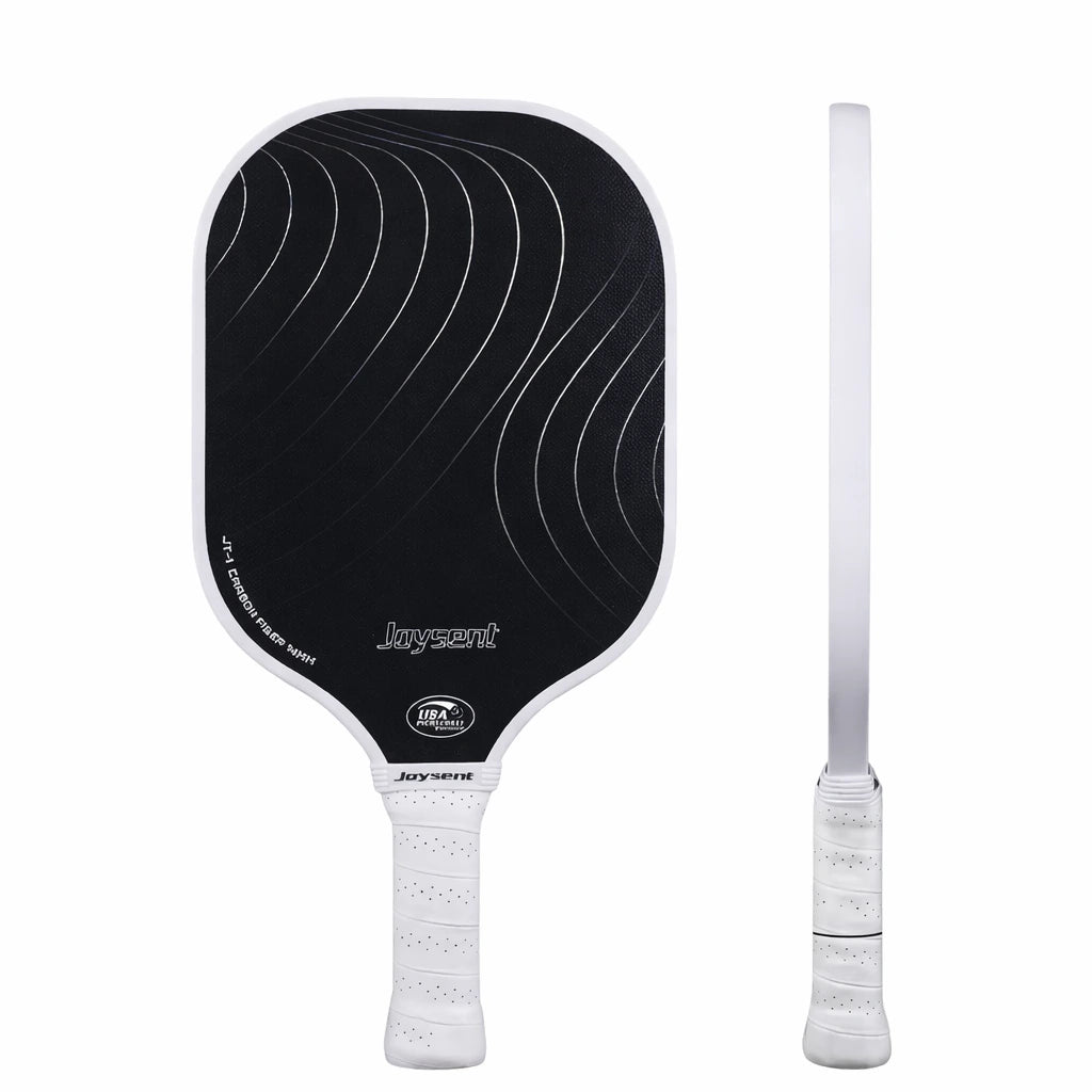 Vue de face et de profil de la raquette de pickleball Joysent T300 en carbone noir avec motif de vagues blanches, épaisseur 14 mm et grip blanc confortable.