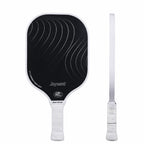Vue de face et de profil de la raquette de pickleball Joysent T300 en carbone noir avec motif de vagues blanches, épaisseur 14 mm et grip blanc confortable.