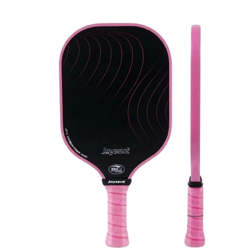 Vue de face et de profil de la raquette de pickleball Joysent T300 en carbone avec bordure rose, motif vagues et grip ergonomique rose assorti.