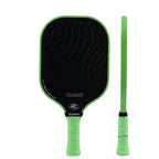 Vue de face et de profil de la raquette de pickleball Joysent T300 en carbone noir avec bordure et grip vert, épaisseur 14 mm.