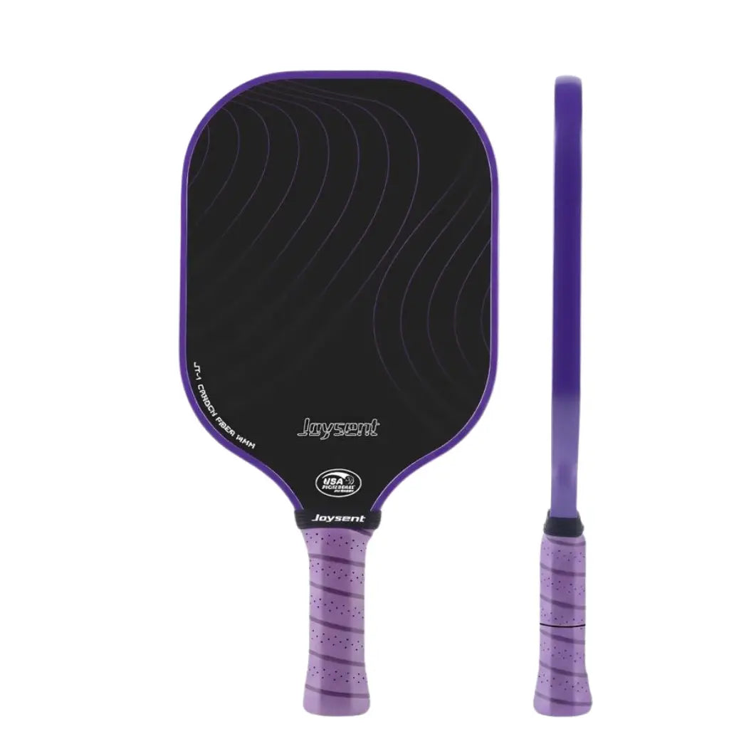 Vue de face et de profil de la raquette Joysent T300  14mm en carbone avec design vagues noires sur fond violet et grip ergonomique assorti.