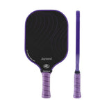 Vue de face et de profil de la raquette Joysent T300  14mm en carbone avec design vagues noires sur fond violet et grip ergonomique assorti.