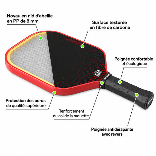 Raquette pickleball Joysent T700 thermoformée raw carbon – vue face, surface carbone texturée