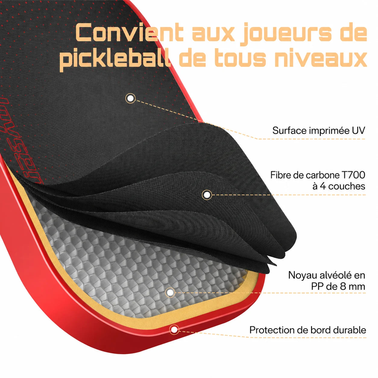 Raquette pickleball Joysent T700 thermoformée raw carbon – vue profil et manche