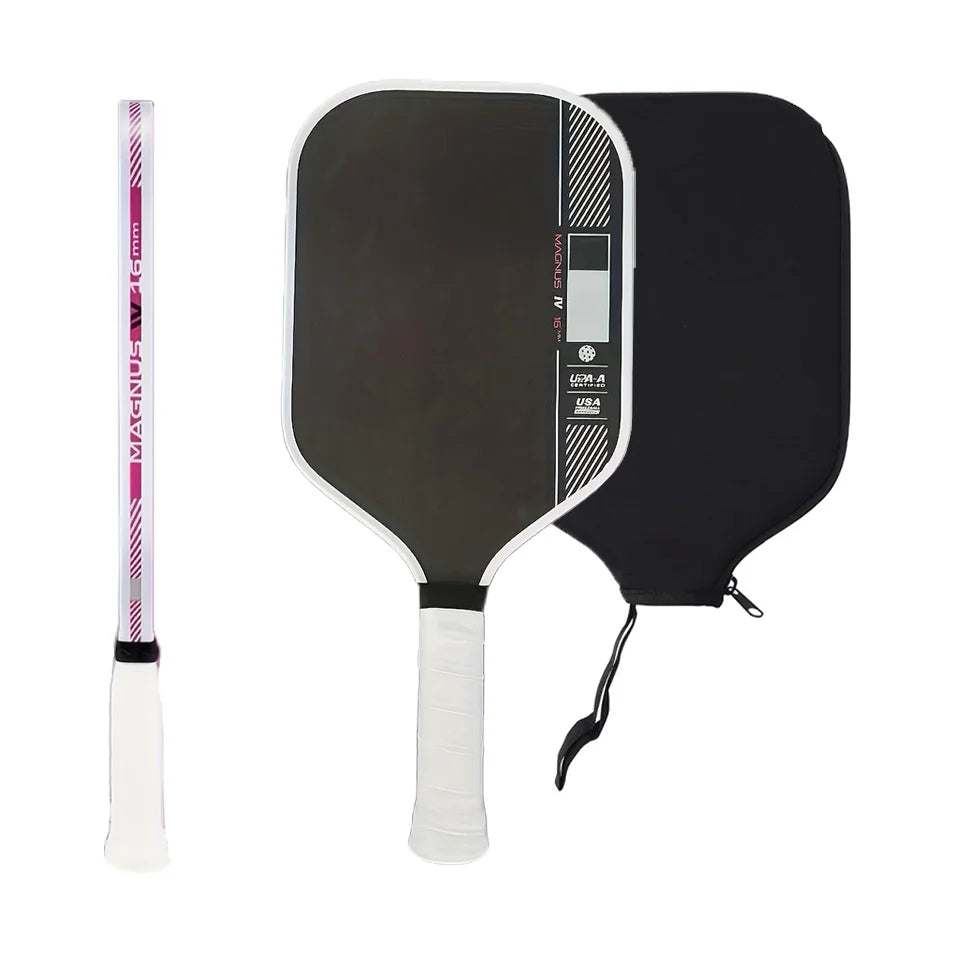 Raquette de pickleball Magnus rose avec housse de protection, surface en carbone brut 16mm pour un contrôle optimal.
