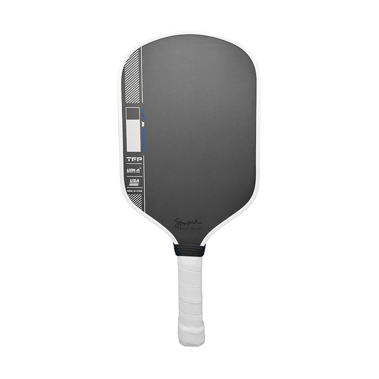 Raquette de pickleball signature Simone Jardim noire avec accents bleus, certifiée USA Pickleball et UPA-A, épaisseur 14mm et grip blanc.
