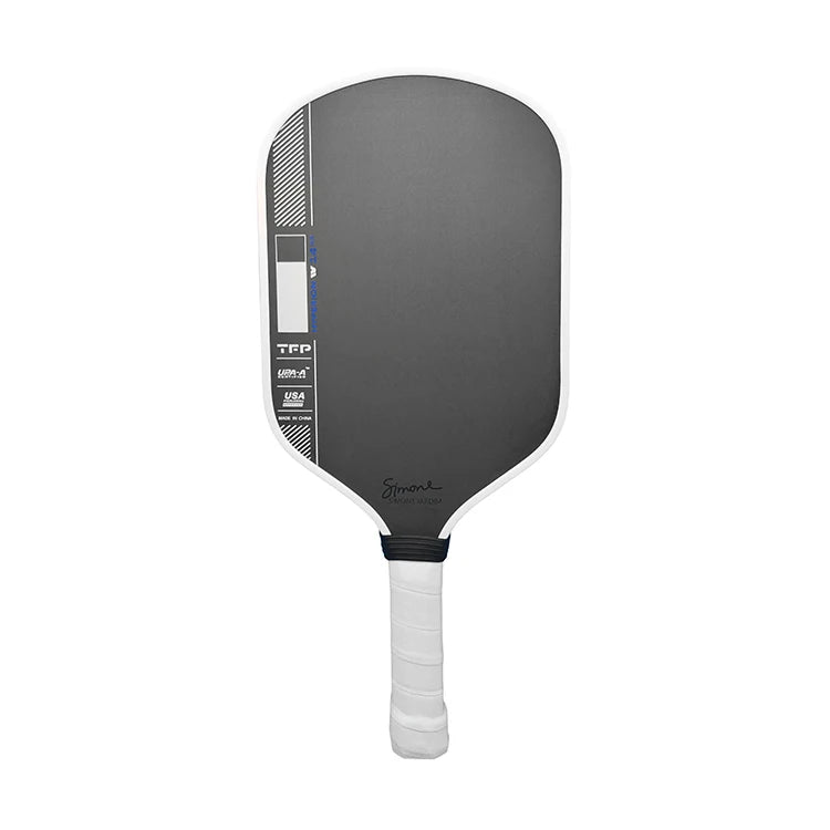 Raquette de pickleball signature Simone Jardim noire et blanche avec détails bleus, certifiée USA Pickleball et UPA-A, épaisseur 14mm.