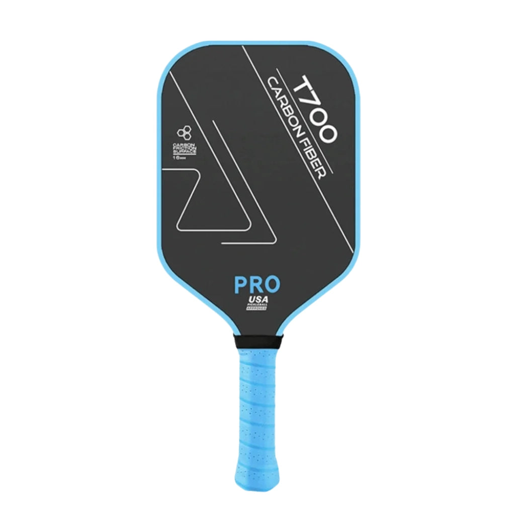 Raquette de pickleball T700 PRO performance avec surface en fibre de carbone Toray, épaisseur 16 mm et manche bleu.