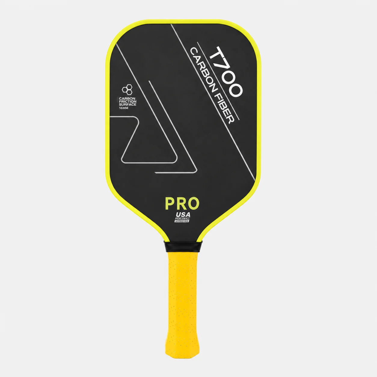 Raquette de pickleball T700 PRO performance avec surface en fibre de carbone Toray, épaisseur 16 mm et manche jaune