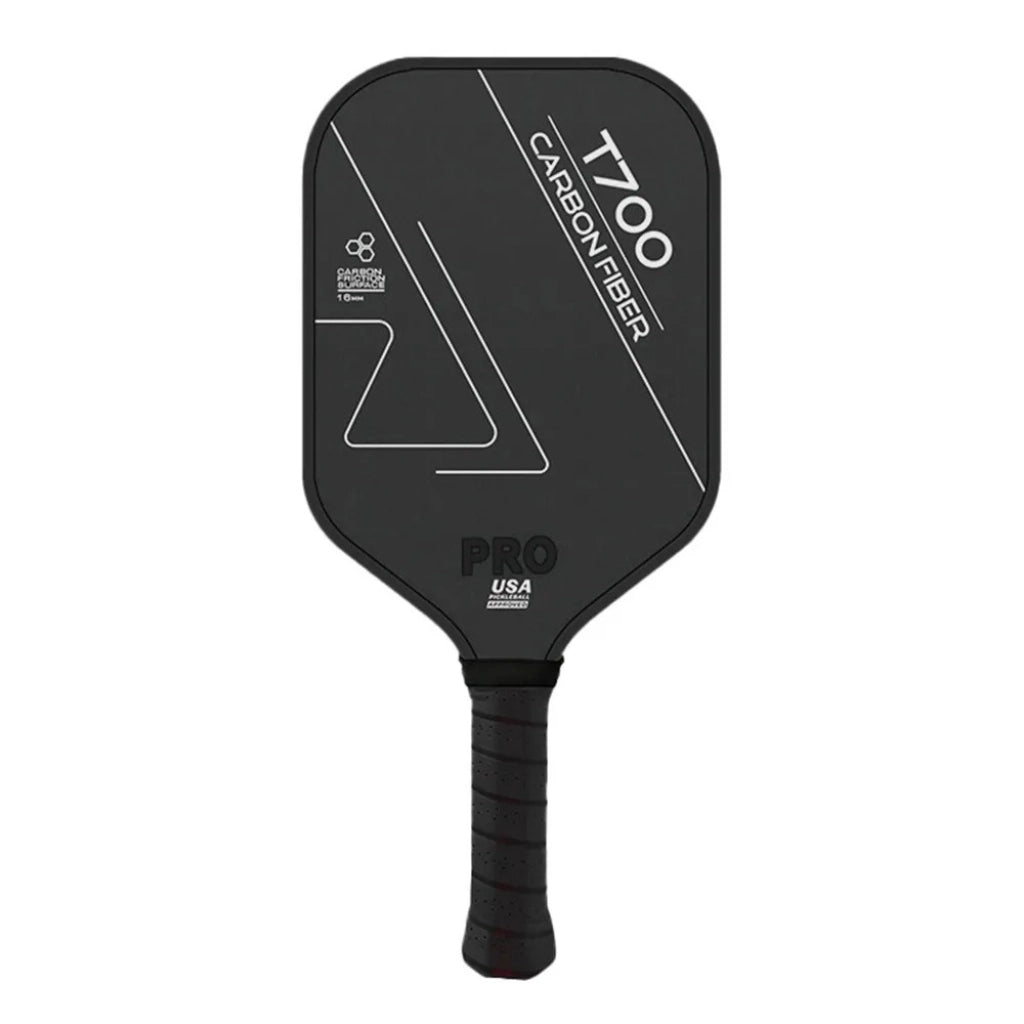Raquette de pickleball T700 PRO performance avec surface en fibre de carbone Toray, épaisseur 16 mm et manche noir.