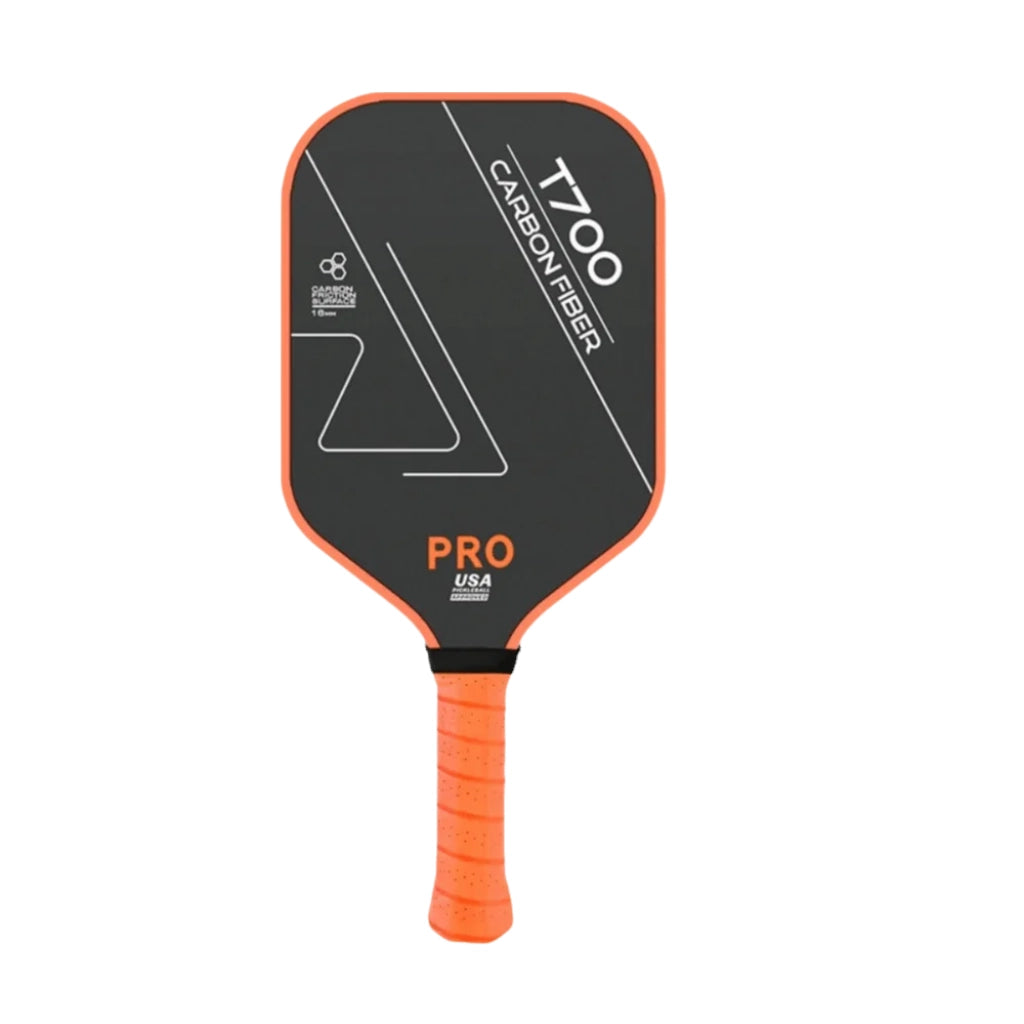Raquette de pickleball T700 PRO performance avec surface en fibre de carbone Toray, épaisseur 16 mm et manche orange.