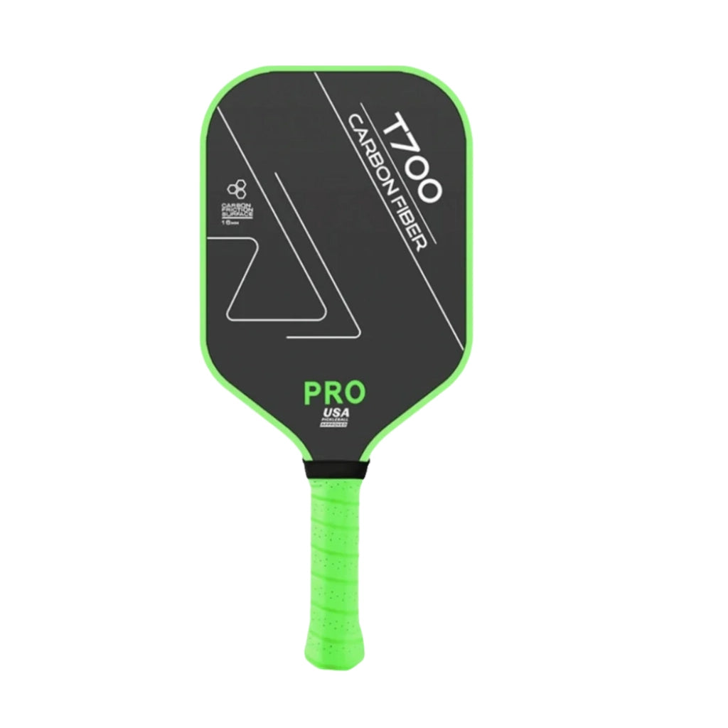 Raquette de pickleball T700 PRO performance avec surface en fibre de carbone Toray, épaisseur 16 mm et manche vert.