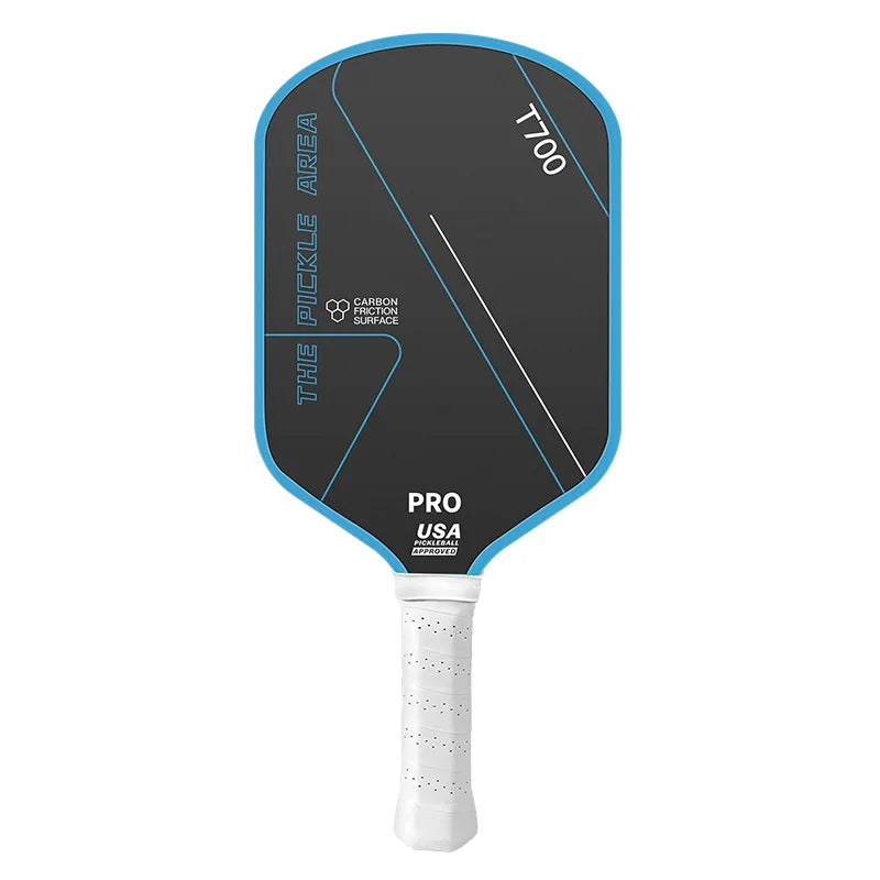Raquette de pickleball The Pickle Area T700 Pro noire et bleue avec grip blanc et homologation USA Pickleball.