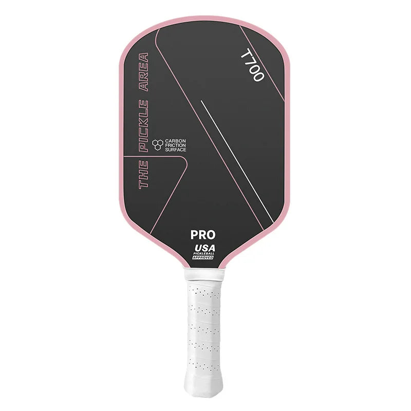 Raquette de pickleball The Pickle Area T700 Pro noire et rose clair avec grip blanc et homologation USA Pickleball.