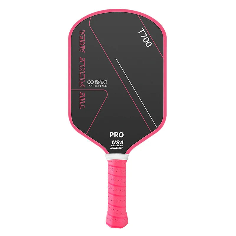 Raquette de pickleball The Pickle Area T700 Pro noire et rose magenta avec grip rose assorti et homologation USA Pickleball.
