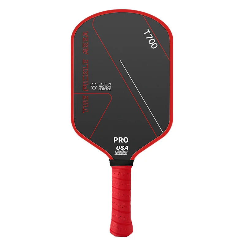 Raquette de pickleball The Pickle Area T700 Pro noire et rouge avec grip rouge assorti et homologation USA Pickleball.