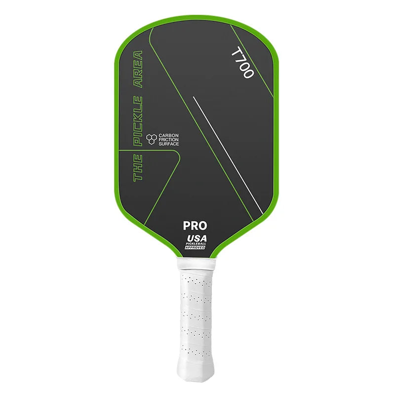 Raquette de pickleball The Pickle Area T700 Pro noire et verte avec grip blanc et homologation USA Pickleball.