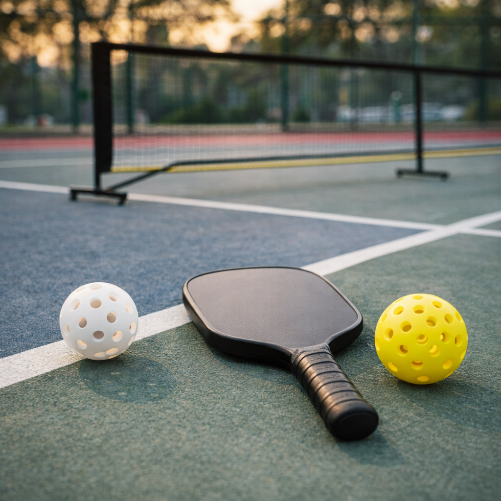 Raquette de pickleball et balles jaunes posées sur un terrain bleu