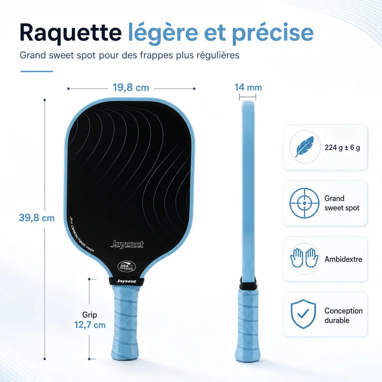 infographie pour les raquettes joysent T300 indiquant les dimensions, le poids et d'autres informations