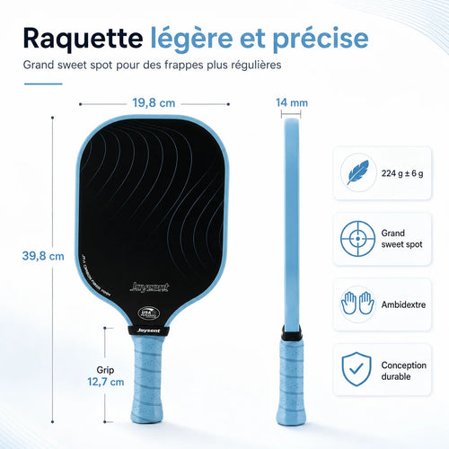 infographie pour les raquettes joysent T300 indiquant les dimensions, le poids et d'autres informations