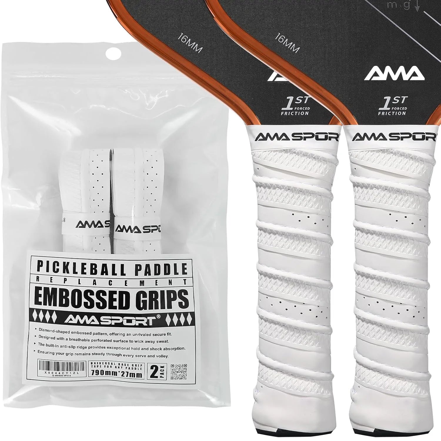 Pack de deux grips de remplacement blancs AMA SPORT pour raquette de pickleball, montrant la texture en relief diamant et les micro-perforations.