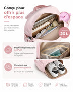 Infographie sac à dos pickleball rose 20L : compartiment intérieur, poche PVC imperméable et logement chaussures
