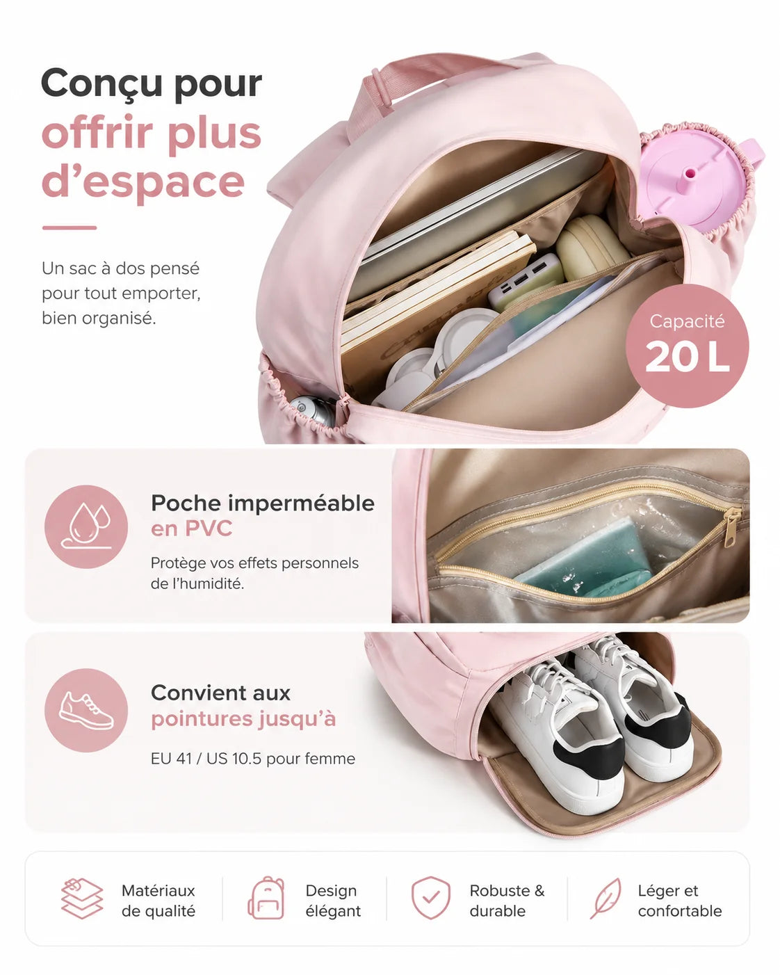 Infographie sac à dos pickleball rose 20L : compartiment intérieur, poche PVC imperméable et logement chaussures
