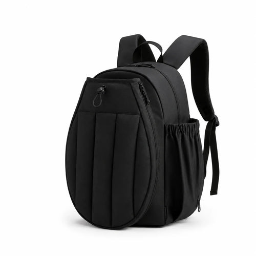Sac à dos pickleball noir en nylon, vue de trois quarts avec poche latérale extensible et bretelles rembourrées