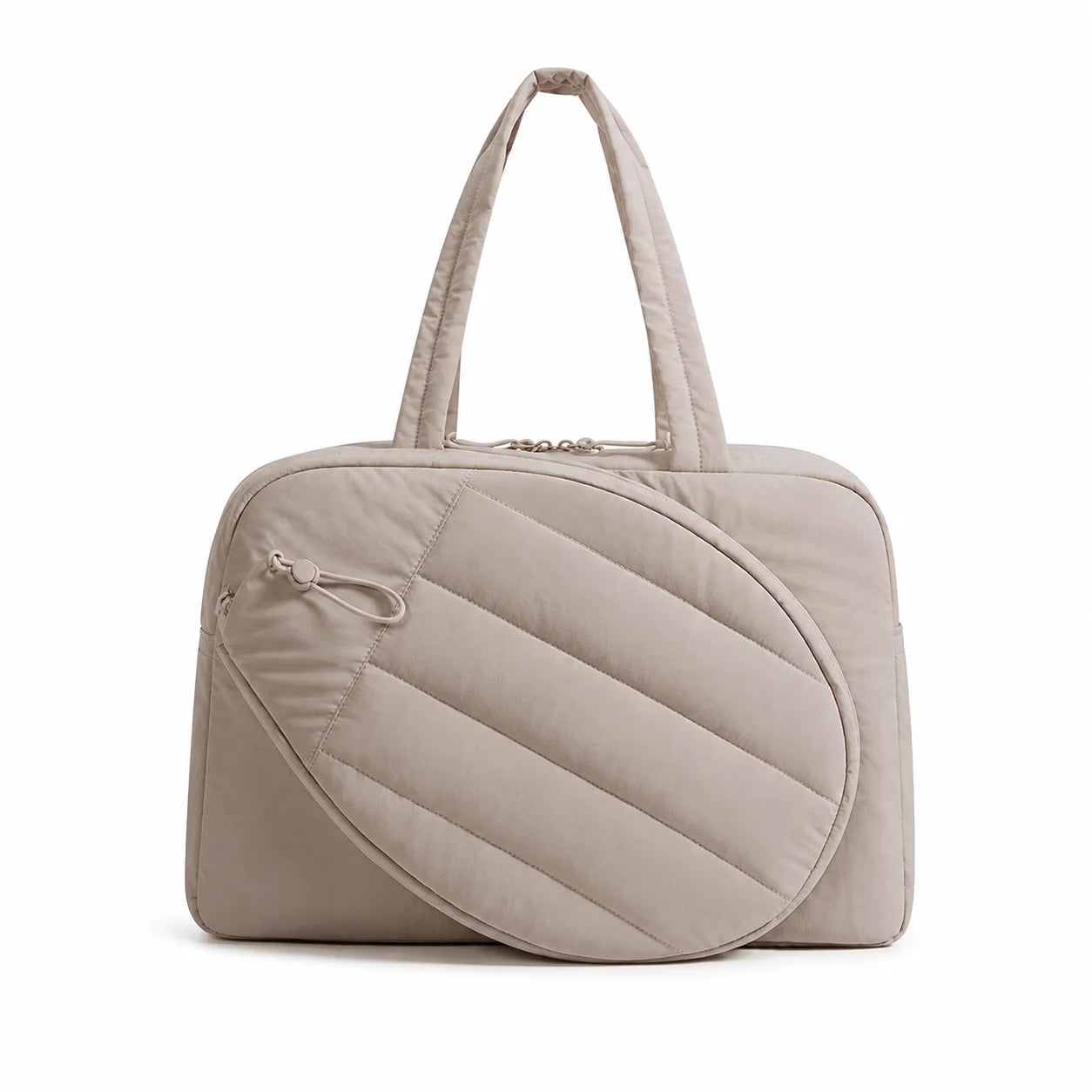Sac bandoulière pickleball coloris beige, vue de trois quarts avec anses rembourrées et poche frontale zippée
